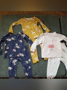 Girls Pajama Bundle - Mustard Yellow Deer, Navy Blue Floral & Light Pink Bunny